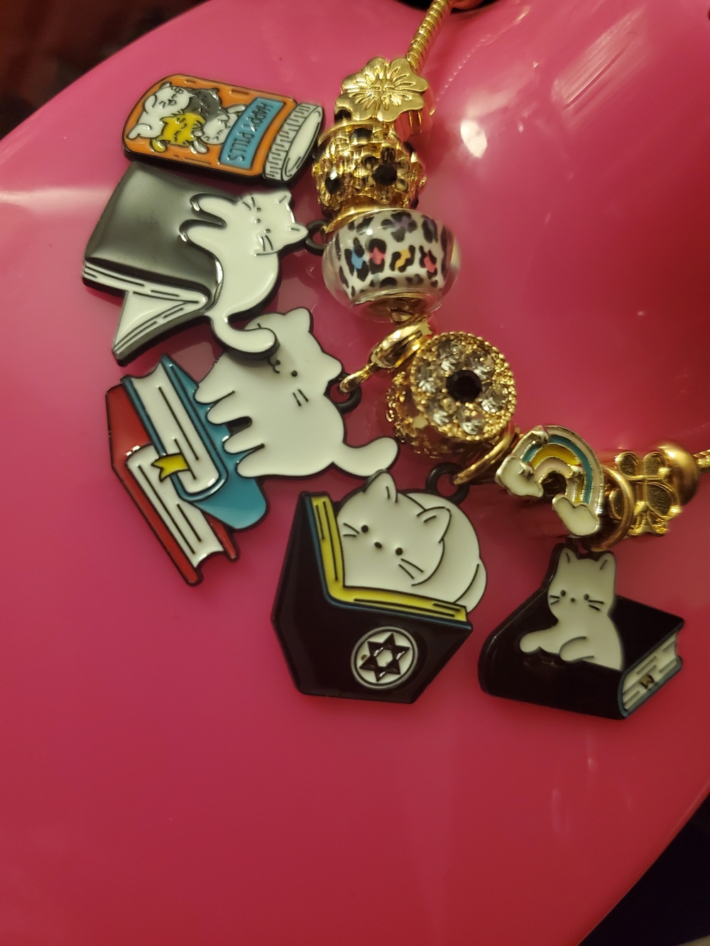 Cute Cat & Books Charm Bracelet - Pink Gold Accents (new)
